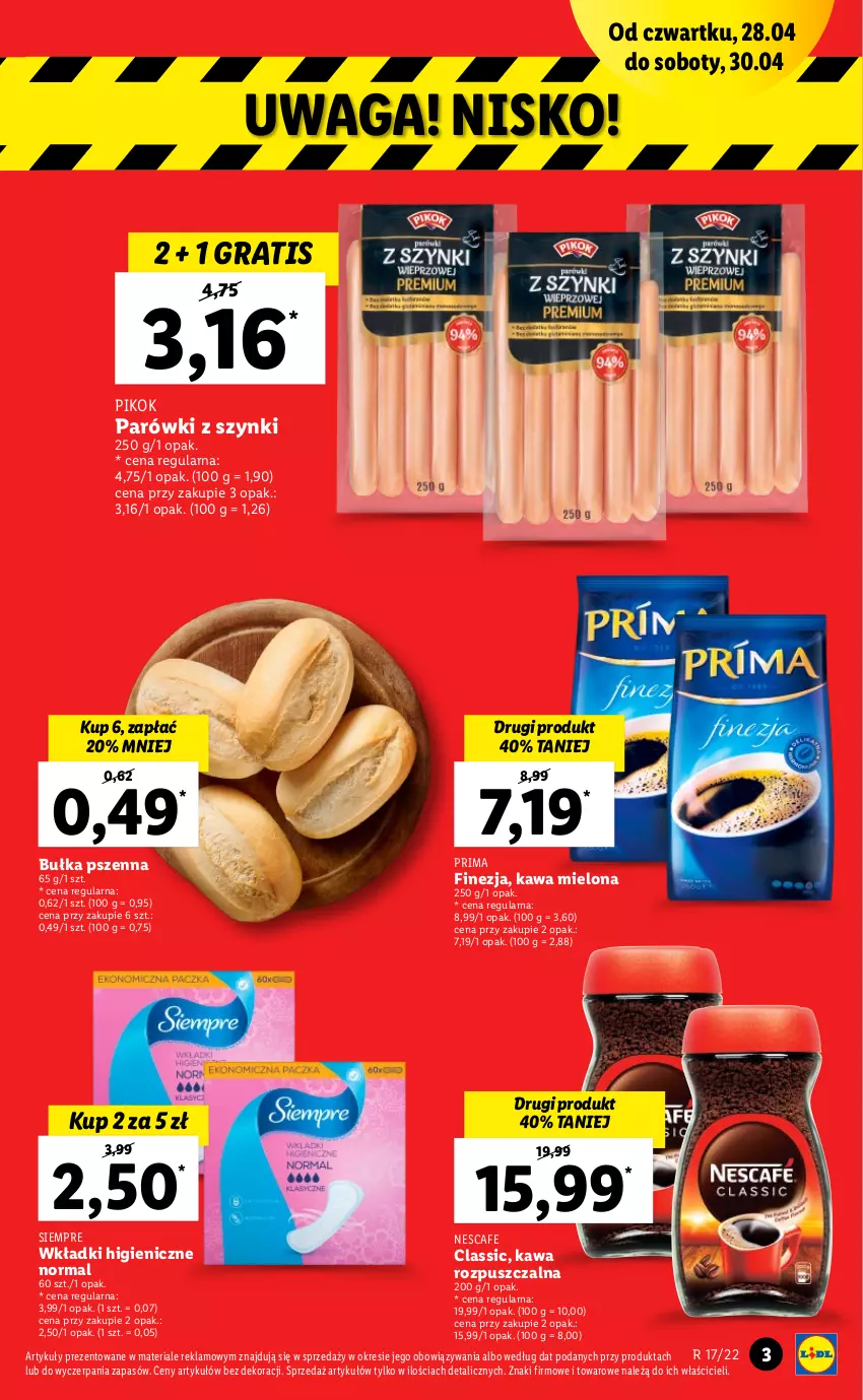 Gazetka promocyjna Lidl - GAZETKA - ważna 28.04 do 30.04.2022 - strona 3 - produkty: Bułka, Gra, Kawa, Kawa mielona, Kawa rozpuszczalna, Parówki, Parówki z szynki, PIKOK, Prima, Waga, Wkładki