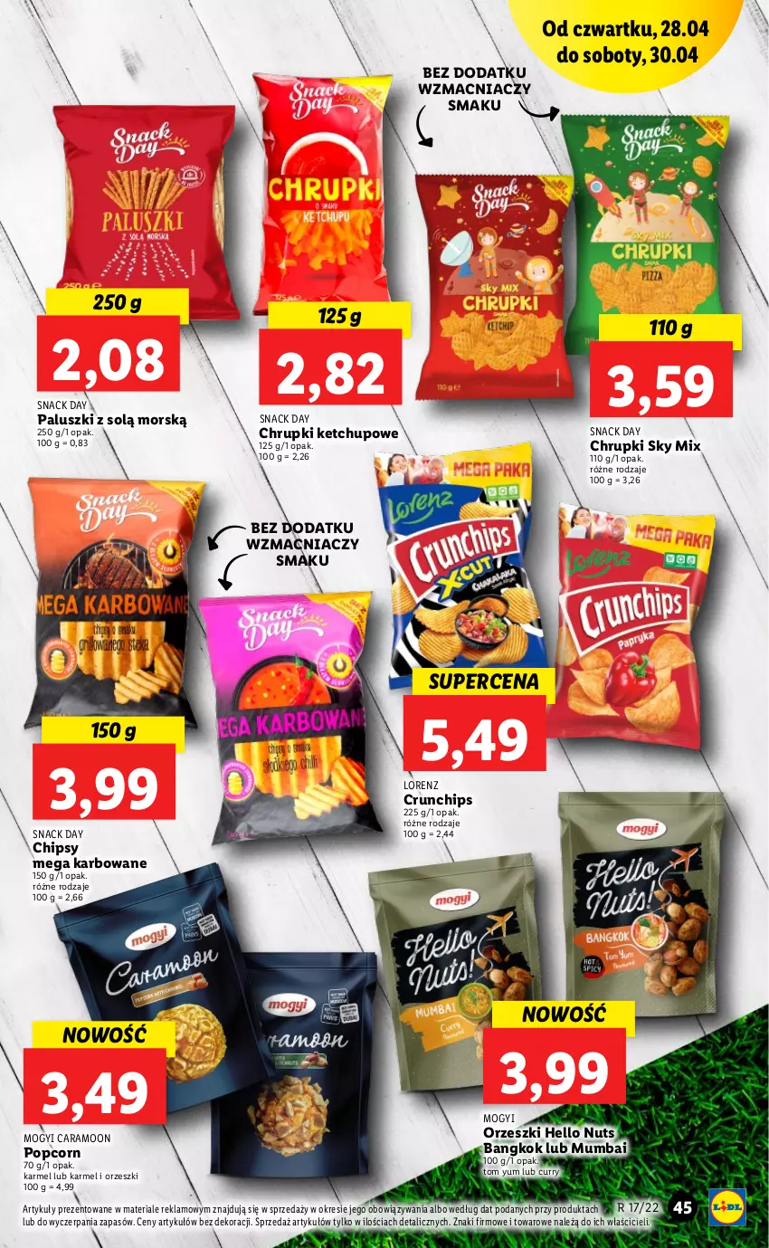 Gazetka promocyjna Lidl - GAZETKA - ważna 28.04 do 30.04.2022 - strona 45 - produkty: Chipsy, Chrupki, Crunchips, Ketchup, Lorenz, Orzeszki, Popcorn