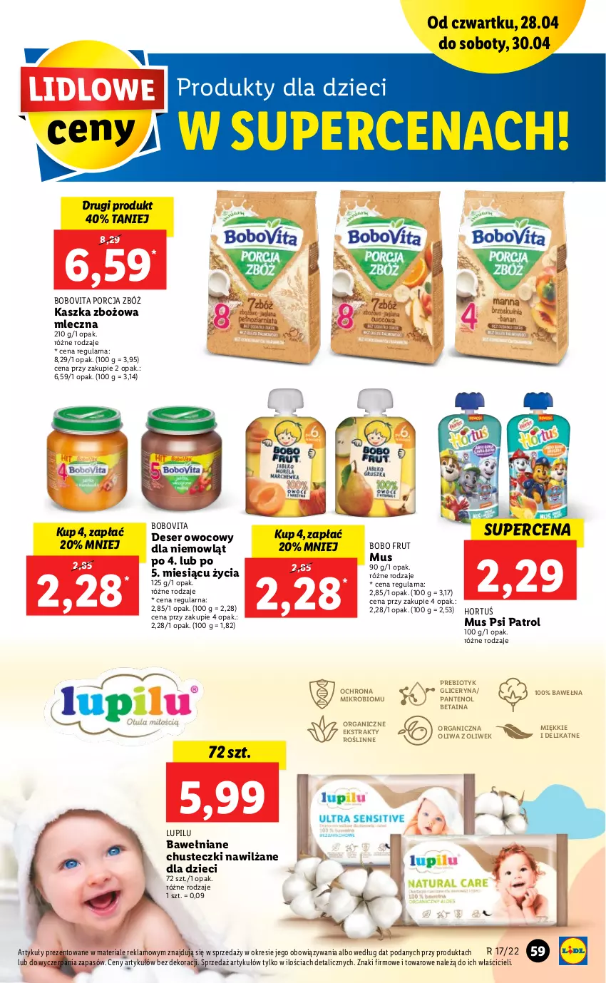 Gazetka promocyjna Lidl - GAZETKA - ważna 28.04 do 30.04.2022 - strona 59 - produkty: BoboVita, Chusteczki, Deser, Dzieci, Gra, Mus, Oliwa z oliwek, Por, Rum, Ser, Wełna