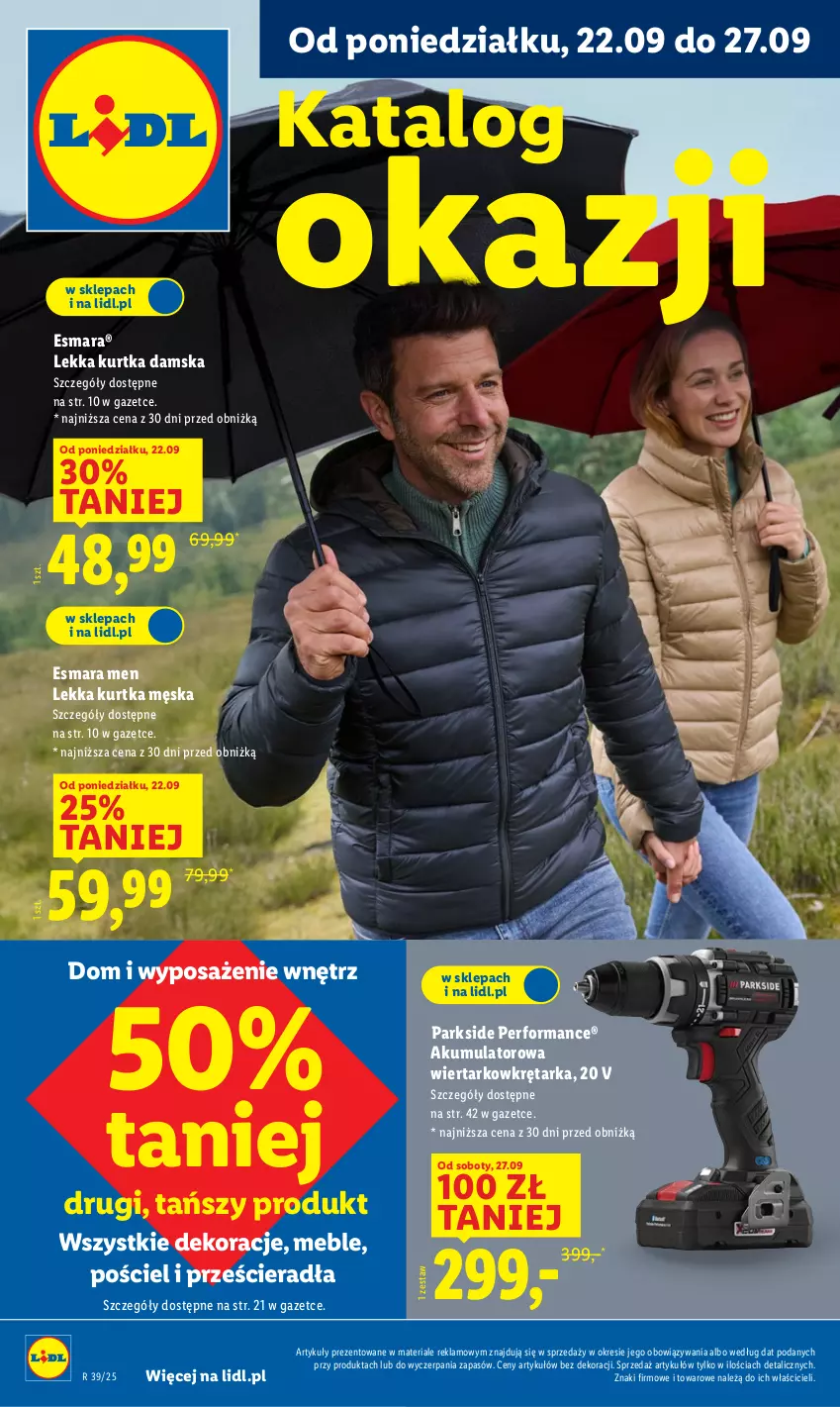 Gazetka promocyjna Lidl - GAZETKA - ważna 22.09 do 27.09.2025 - strona 1 - produkty: Akumulator, Akumulatorowa wiertarkowkrętark, Kurtka, Meble, Parkside, Pościel, Tarka, Wiertarkowkrętarka, Wkręt, Wkrętarka