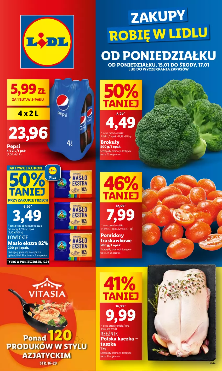 Gazetka promocyjna Lidl - GAZETKA - ważna 15.01 do 17.01.2024 - strona 1 - produkty: Brokuły, Kaczka, Masło, Pepsi, Pomidory, Tusz