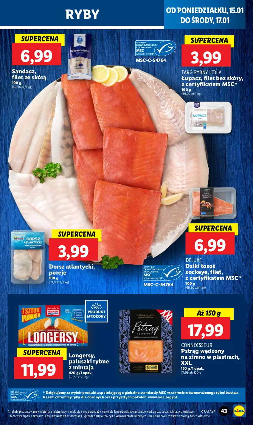 Gazetka promocyjna Lidl - GAZETKA - ważna 15.01 do 17.01.2024 - strona 43 - produkty: Dorsz, Mintaj, Paluszki rybne, Por, Pstrąg, Pstrąg wędzony, Sandacz