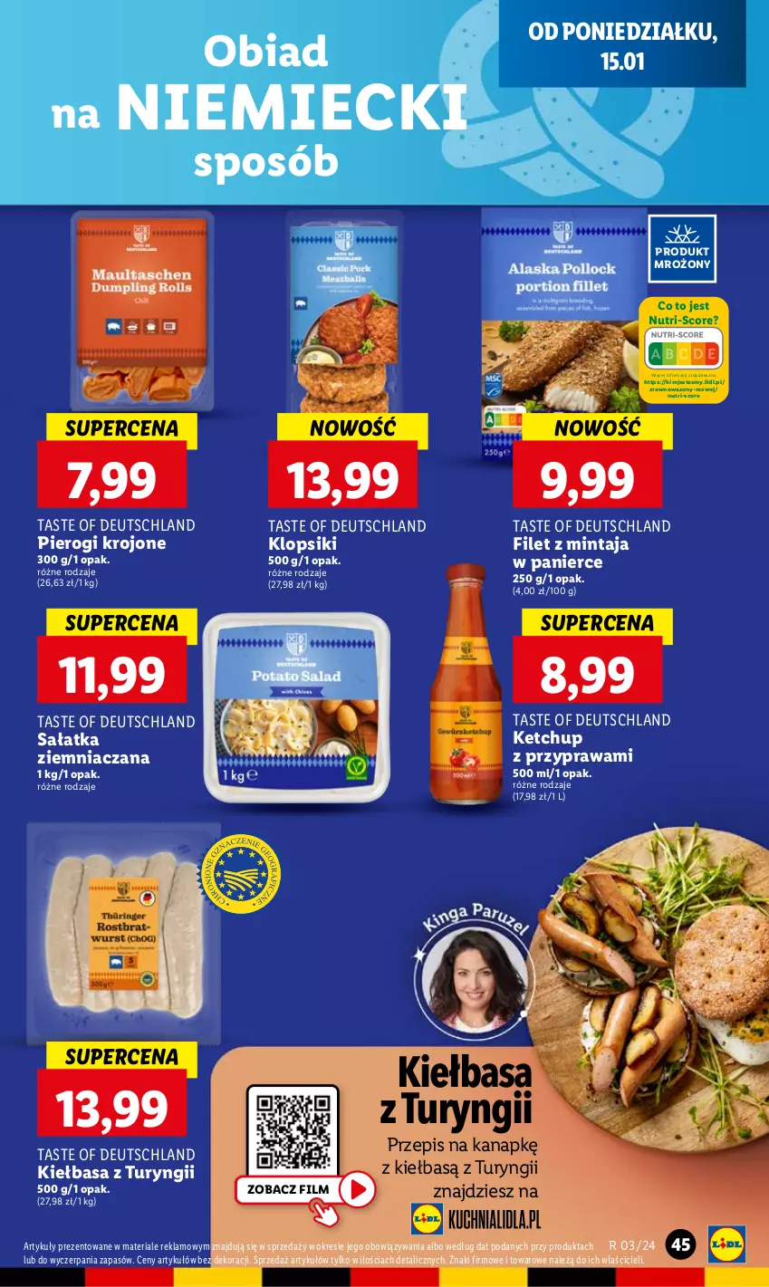 Gazetka promocyjna Lidl - GAZETKA - ważna 15.01 do 17.01.2024 - strona 45 - produkty: Filet z mintaja, Ketchup, Kiełbasa, Klopsiki, Mintaj, Pierogi, Sałat, Sałatka, Wazon