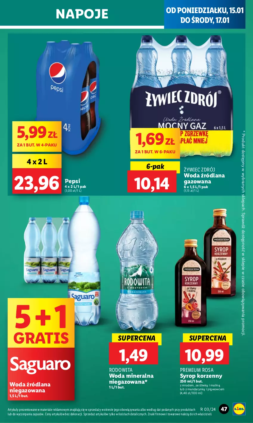 Gazetka promocyjna Lidl - GAZETKA - ważna 15.01 do 17.01.2024 - strona 47 - produkty: Gra, LANA, Napoje, Pepsi, Syrop, Woda, Woda mineralna