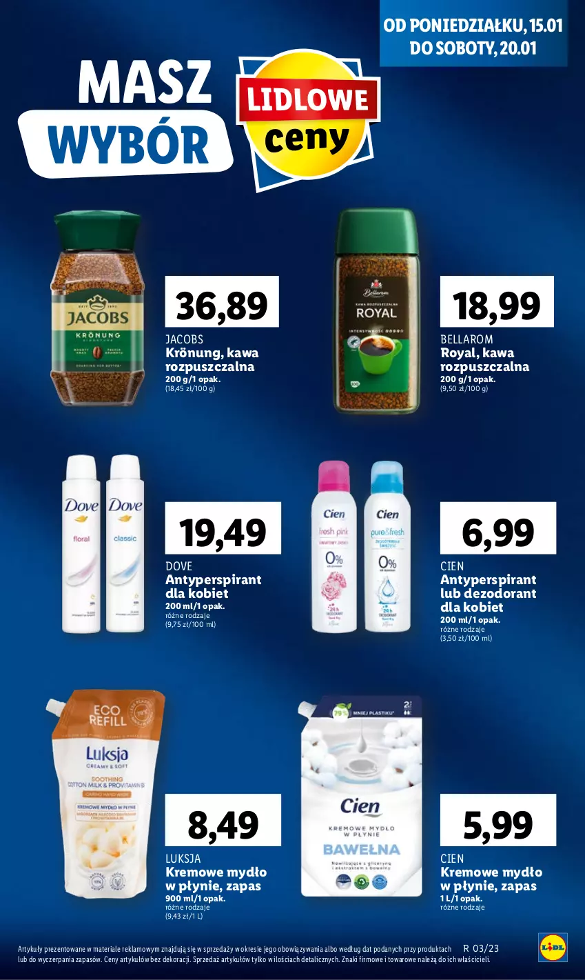 Gazetka promocyjna Lidl - GAZETKA - ważna 15.01 do 17.01.2024 - strona 51 - produkty: Antyperspirant, Bell, Bella, Dezodorant, Dove, Jacobs, Kawa, Kawa rozpuszczalna, Luksja, Mydło, Mydło w płynie