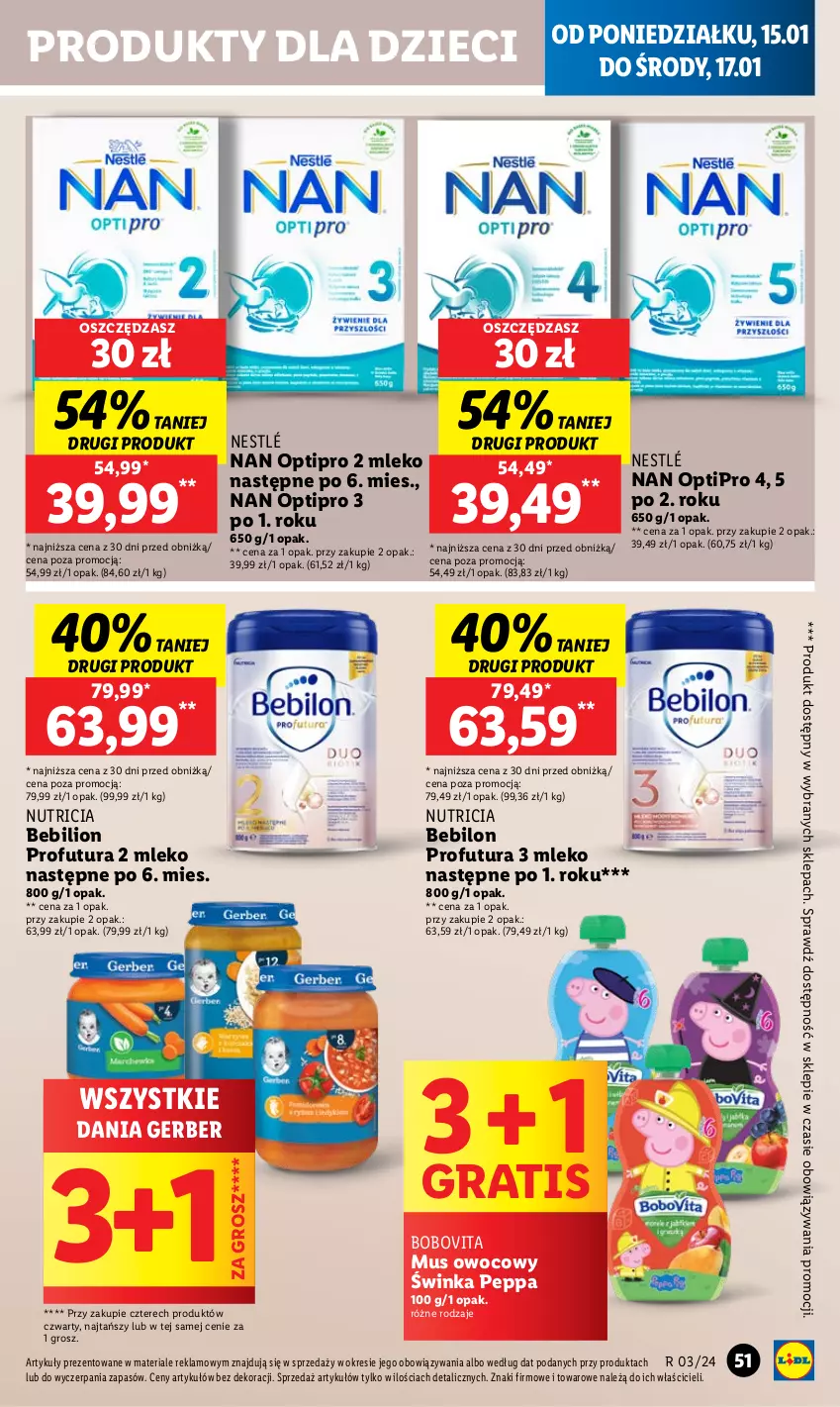 Gazetka promocyjna Lidl - GAZETKA - ważna 15.01 do 17.01.2024 - strona 53 - produkty: BEBILON, BoboVita, Dzieci, Gerber, Gra, Inka, Lion, Mleko, Mus, NAN Optipro, Nestlé, O nas