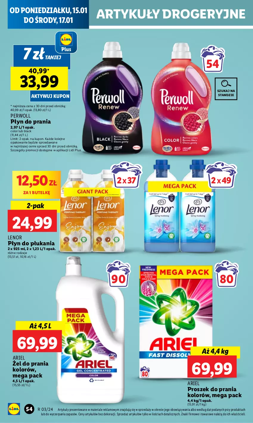 Gazetka promocyjna Lidl - GAZETKA - ważna 15.01 do 17.01.2024 - strona 56 - produkty: Ariel, Lack, Lenor, Olej, Perwoll, Płyn do płukania, Płyn do prania, Proszek do prania