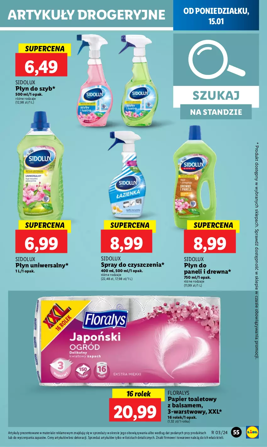 Gazetka promocyjna Lidl - GAZETKA - ważna 15.01 do 17.01.2024 - strona 57 - produkty: Flora, Papier, Papier toaletowy, Płyn do szyb, Sidolux, Spray do czyszczenia