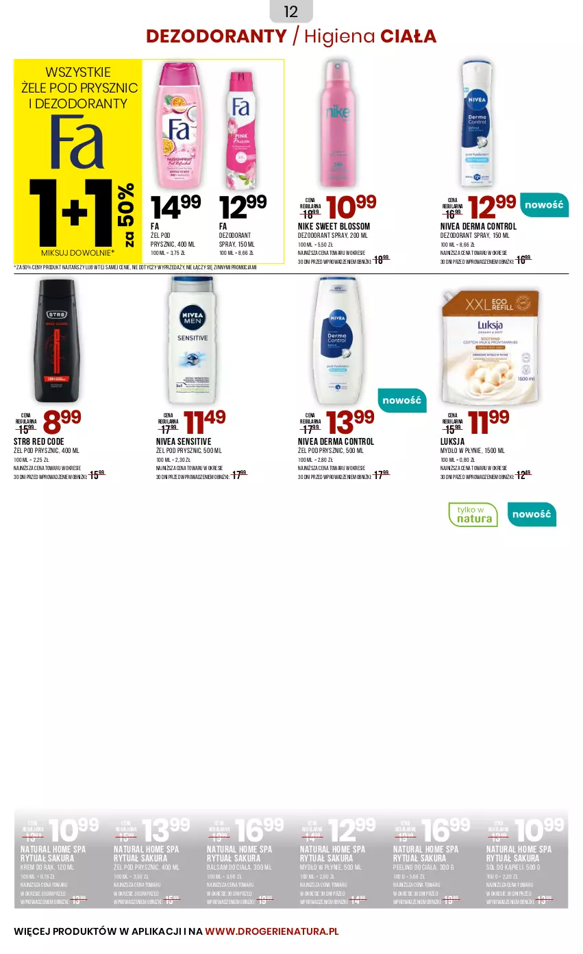 Gazetka promocyjna Drogerie Natura - Gazetka Drogerie Natura - ważna 22.08 do 02.09.2025 - strona 12 - produkty: Balsam do ciała, Control, Dezodorant, Fa, Krem do rąk, Luksja, Mydło, Mydło w płynie, Nike, Nivea, Peeling, Sól, Sól do kąpieli, Str8