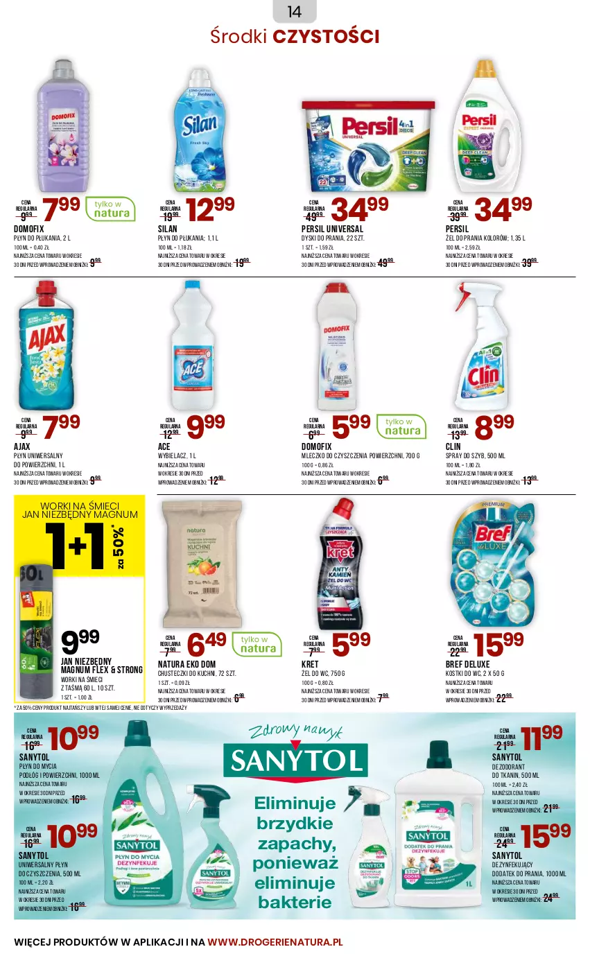 Gazetka promocyjna Drogerie Natura - Gazetka Drogerie Natura - ważna 22.08 do 02.09.2025 - strona 14 - produkty: Ajax, Bref, Chusteczki, Clin, Dezodorant, Jan Niezbędny, Kret, Mleczko, Persil, Płyn do mycia, Płyn do mycia podłóg, Płyn do płukania, Sanytol, Silan, Worki na śmiec, Worki na śmieci