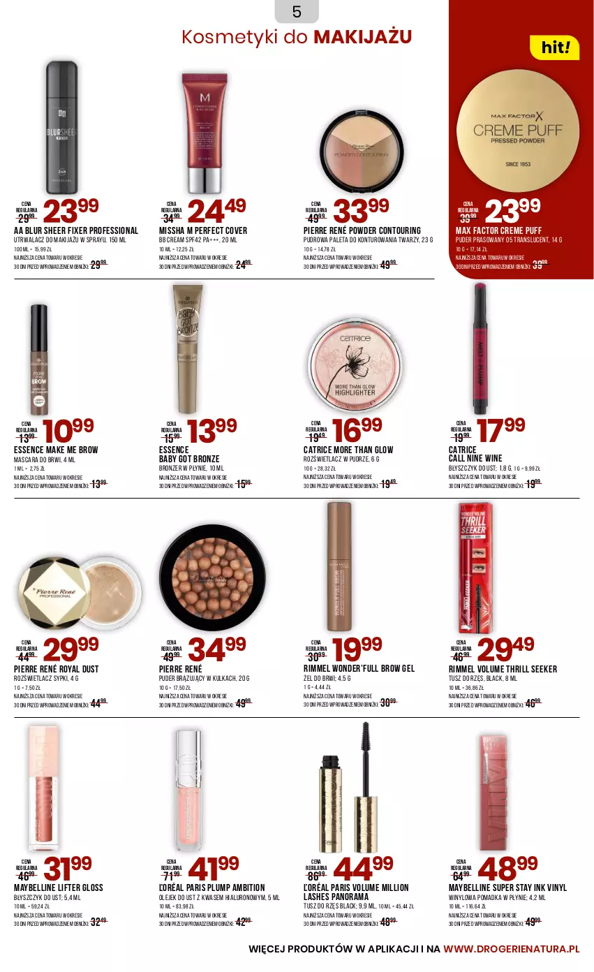 Gazetka promocyjna Drogerie Natura - Gazetka Drogerie Natura - ważna 22.08 do 02.09.2025 - strona 5 - produkty: Ambition, Bell, Błyszczyk do ust, Bronzer, Catrice, Fa, Lack, Lion, Makijaż, Max Factor, Maybelline, MISSHA, Olej, Paleta, Pierre René, Puder, Puder prasowany, Puf, Rama, Rozświetlacz, Tran, Tusz