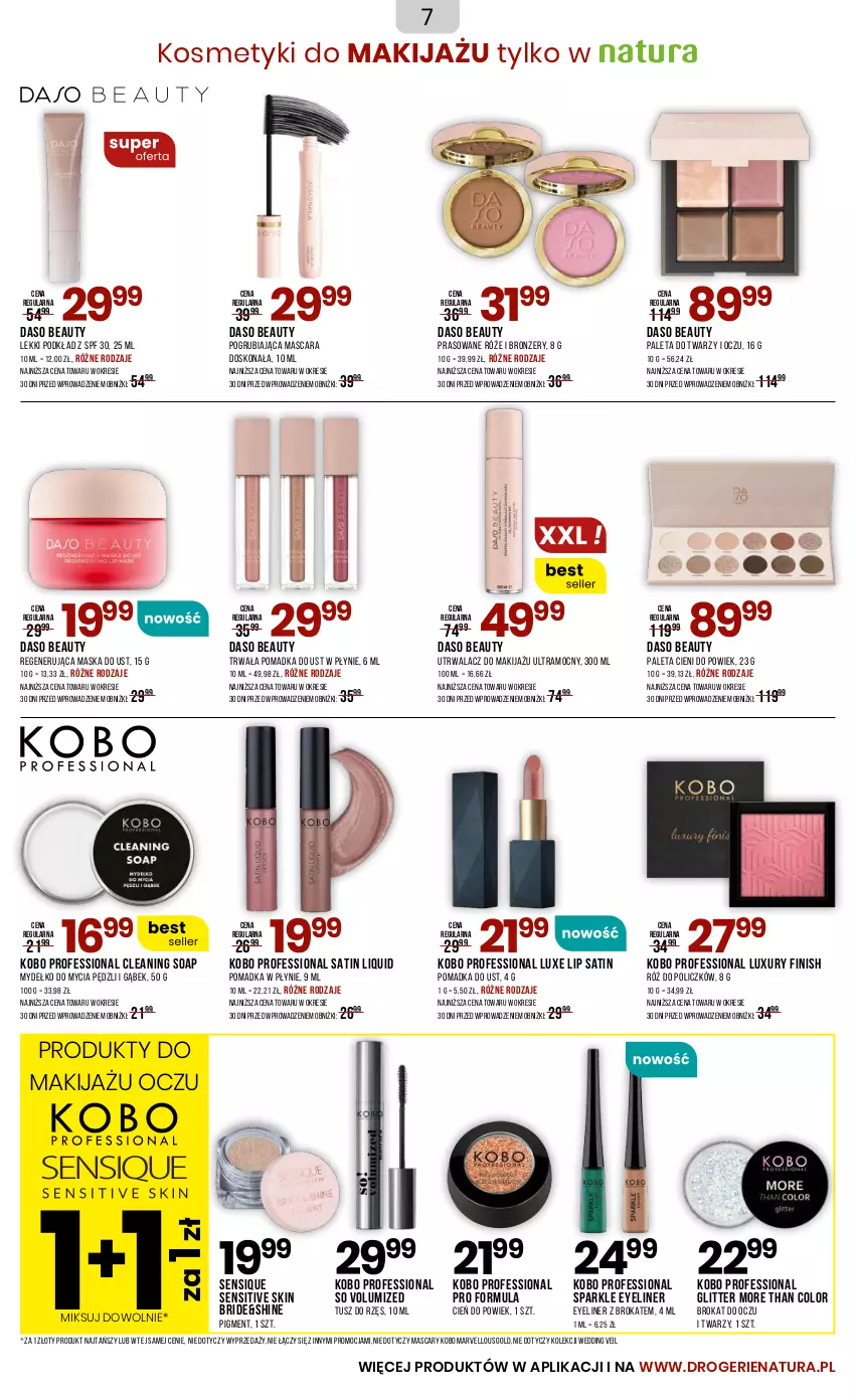 Gazetka promocyjna Drogerie Natura - Gazetka Drogerie Natura - ważna 22.08 do 02.09.2025 - strona 7 - produkty: Bronzer, Cień, Finish, KOBO, Makijaż, Maska, Paleta, Podkład, Produkty do makijażu, Regenerująca maska, Róż do policzków, Sati, Tusz