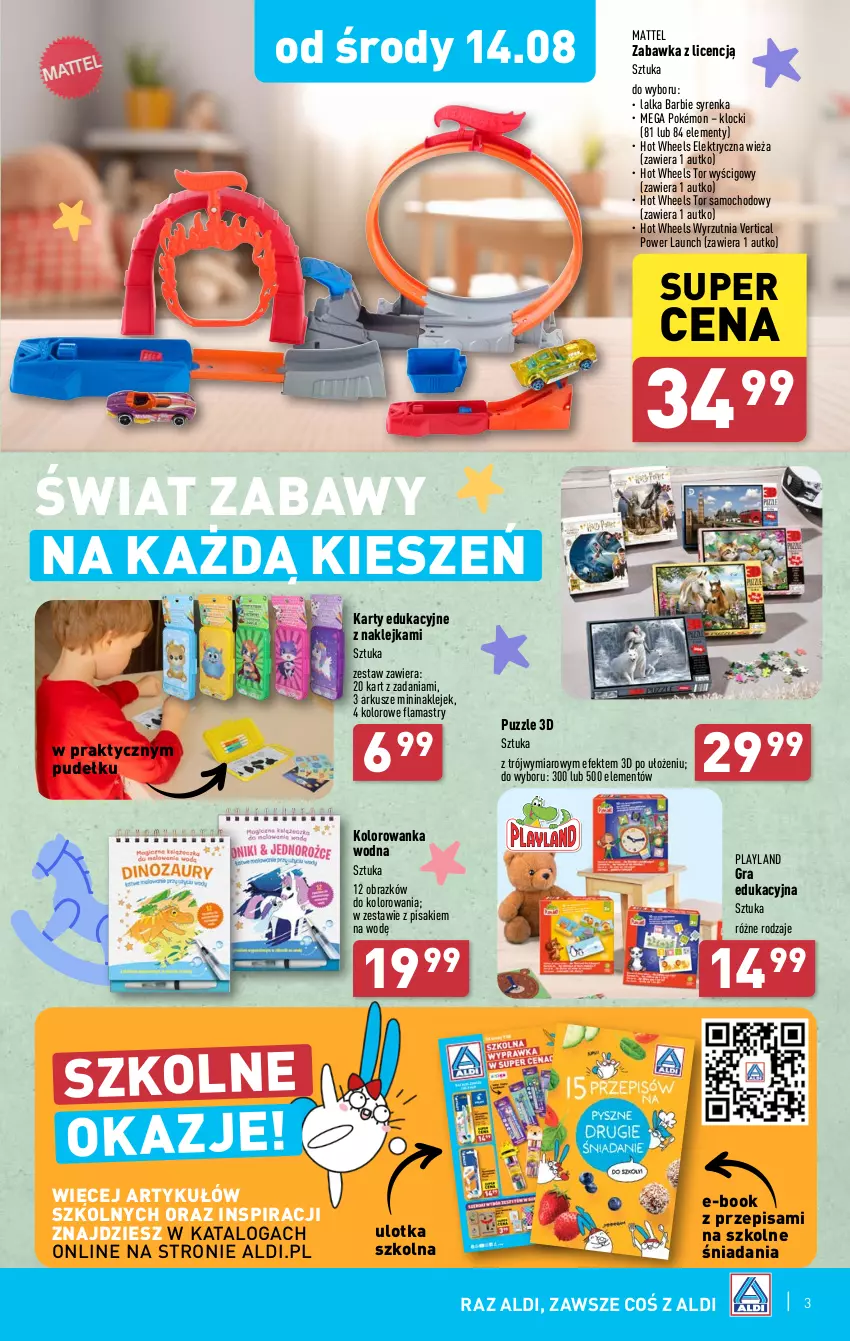 Gazetka promocyjna Aldi - Artykuły przemysłowe i tekstylia - ważna 12.08 do 17.08.2024 - strona 3 - produkty: Barbie, Flamastry, Gra, Hot Wheels, Klej, Klocki, Kolorowanka, Lalka, Mattel, Obraz, Pokémon, Puzzle, Tor wyścigowy, Wyrzutnia, Zabawka