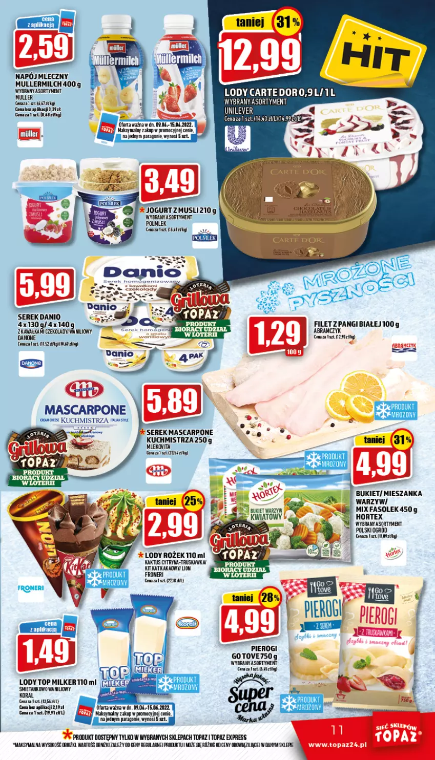 Gazetka promocyjna Topaz - Gazetka - ważna 09.06 do 15.06.2022 - strona 11 - produkty: Bukiet, Danio, Danone, Fa, Hortex, Jogurt, Kakao, Kaktus, Kawa, Kit Kat, Lion, Lody, Mascarpone, Mleko, Mus, Napój, Napój mleczny, Ogród, Pierogi, POLMLEK, Ser, Serek, Sok, Top