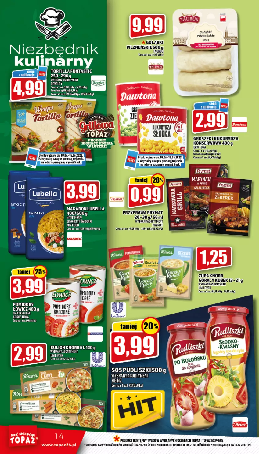 Gazetka promocyjna Topaz - Gazetka - ważna 09.06 do 15.06.2022 - strona 14 - produkty: Bell, Bella, Bulion, Knorr, Koc, Kukurydza, Lion, Lubella, Mule, Pomidory, Prymat, Pudliszki, Sok, Top