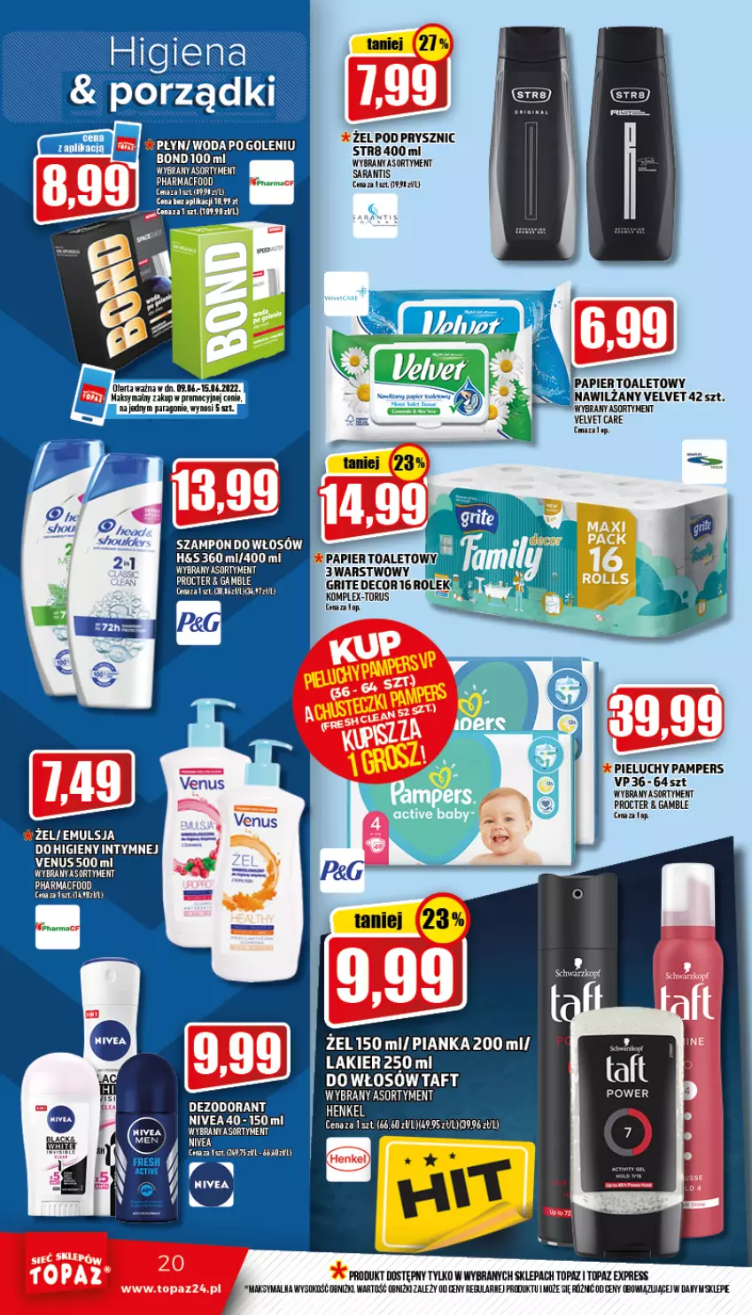 Gazetka promocyjna Topaz - Gazetka - ważna 09.06 do 15.06.2022 - strona 20 - produkty: Dezodorant, Kawa, Lakier, Nivea, Pampers, Papier, Papier toaletowy, Pieluchy, Por, Sok, Str8, Szampon, Taft, Top, Velvet, Venus