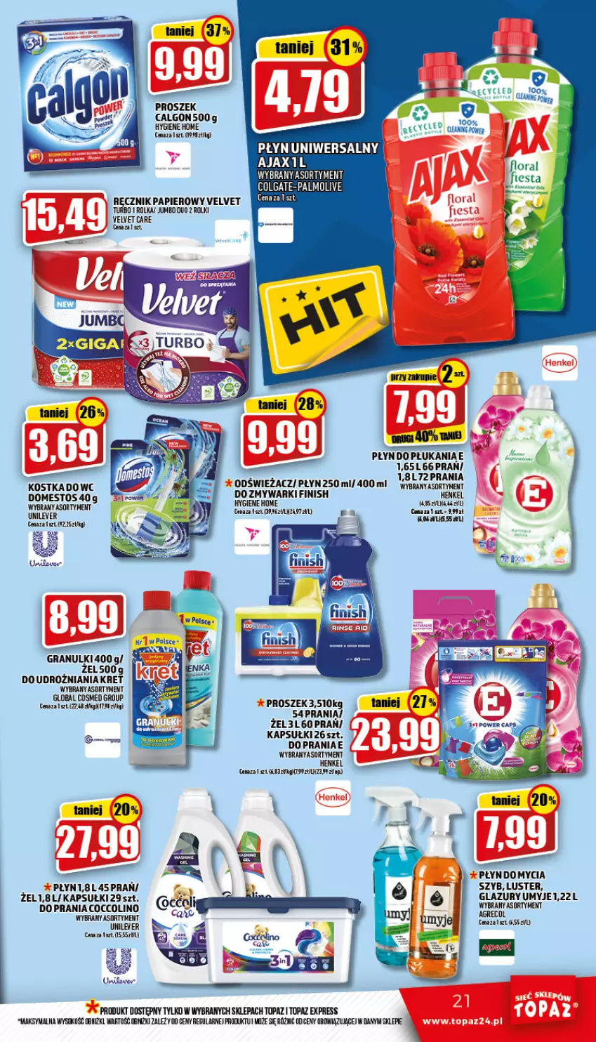 Gazetka promocyjna Topaz - Gazetka - ważna 09.06 do 15.06.2022 - strona 21 - produkty: Ajax, Calgon, Coccolino, Colgate, Domestos, Finish, Kret, Lazur, LG, Palmolive, Papier, Płyn do płukania, Ręcznik, Rolki, Sok, Top, Velvet, Zmywarki