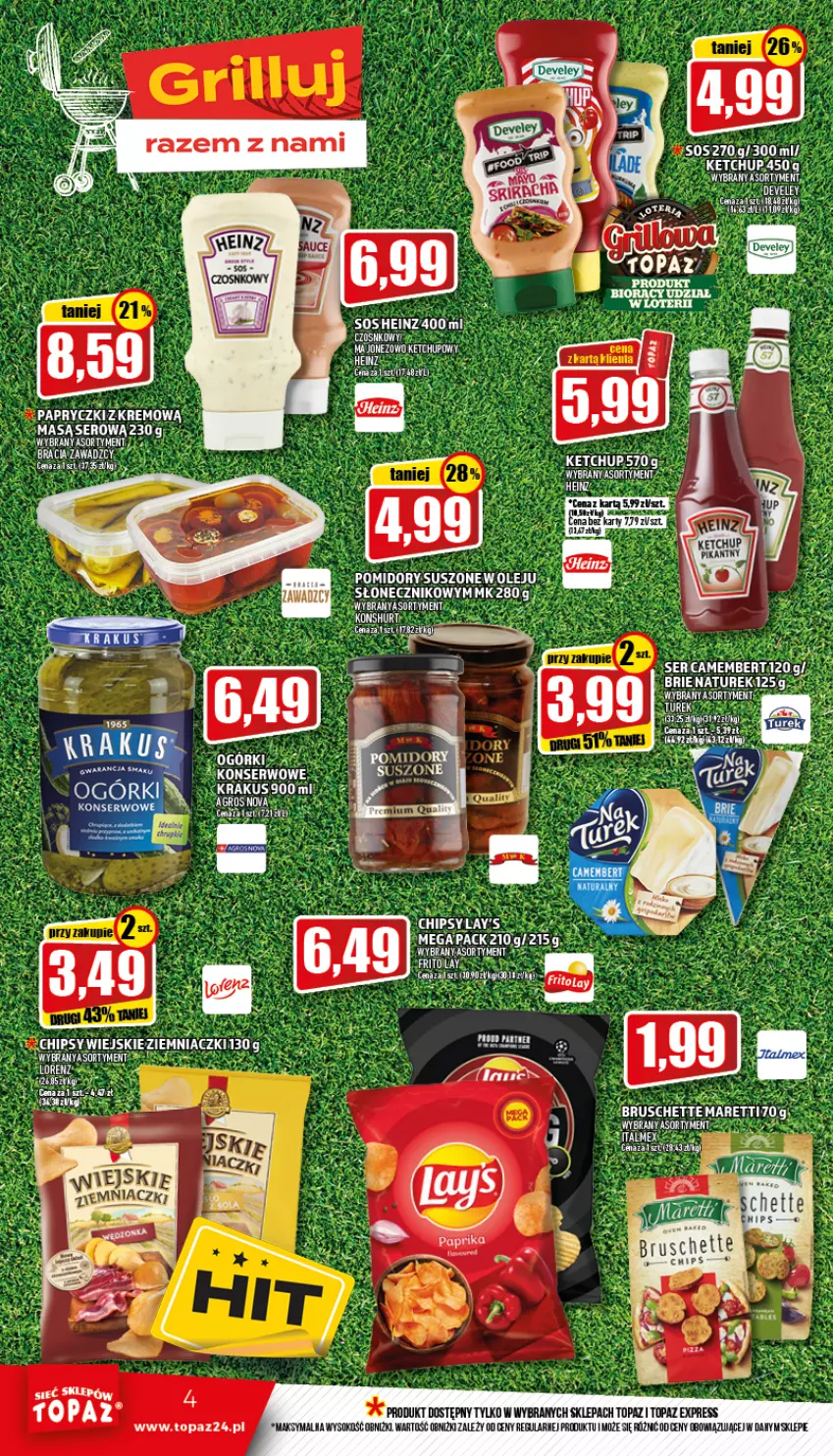 Gazetka promocyjna Topaz - Gazetka - ważna 09.06 do 15.06.2022 - strona 4 - produkty: Brie, Camembert, Chipsy, Heinz, Ketchup, Krakus, Majonez, NaTurek, Olej, Pomidory, Ser, Sok, Sos, Top