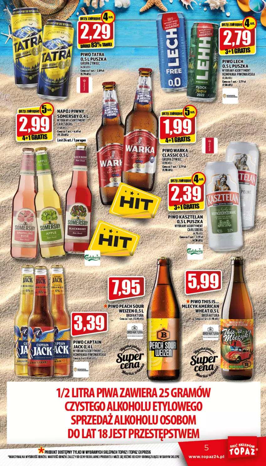 Gazetka promocyjna Topaz - Gazetka - ważna 09.06 do 15.06.2022 - strona 5 - produkty: Captain Jack, Fa, Kasztelan, Napój, Piwo, Sok, Somersby, Top, Warka