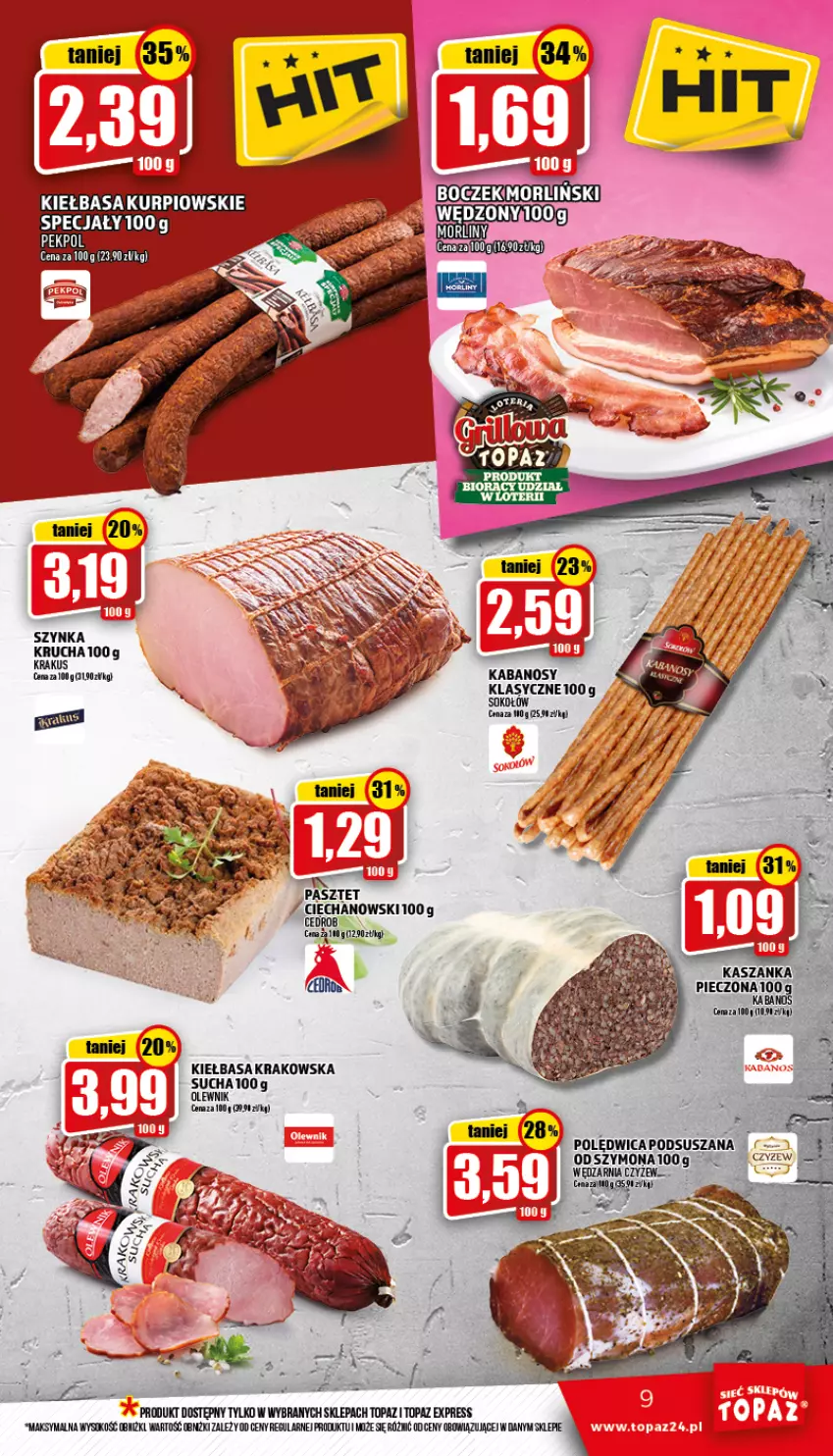 Gazetka promocyjna Topaz - Gazetka - ważna 09.06 do 15.06.2022 - strona 9 - produkty: Kabanos, Kiełbasa, Pasztet, Szynka, Top