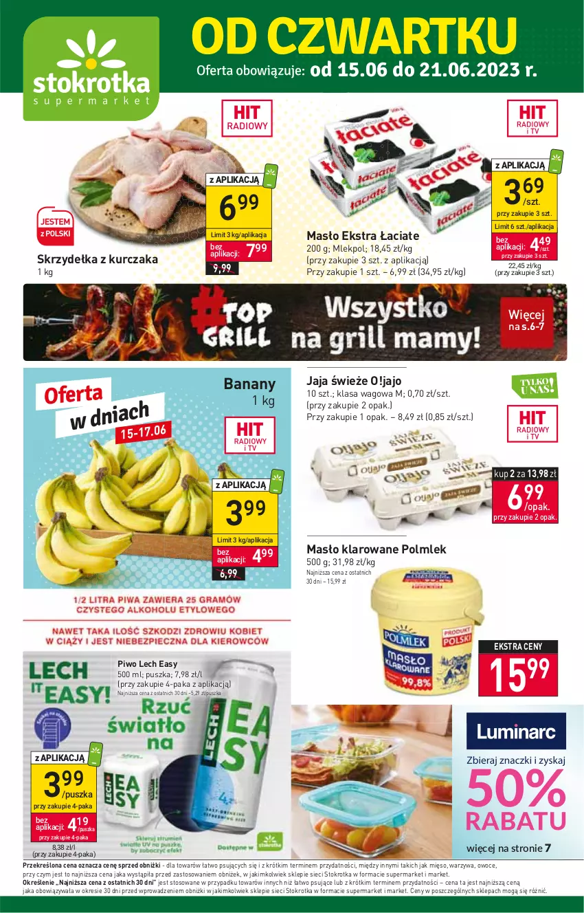 Gazetka promocyjna Stokrotka - Supermarket - ważna 15.06 do 21.06.2023 - strona 1 - produkty: Banany, Jaja, Kurczak, Masło, Masło klarowane, Mięso, Owoce, Piwo, POLMLEK, Skrzydełka z kurczaka, Warzywa