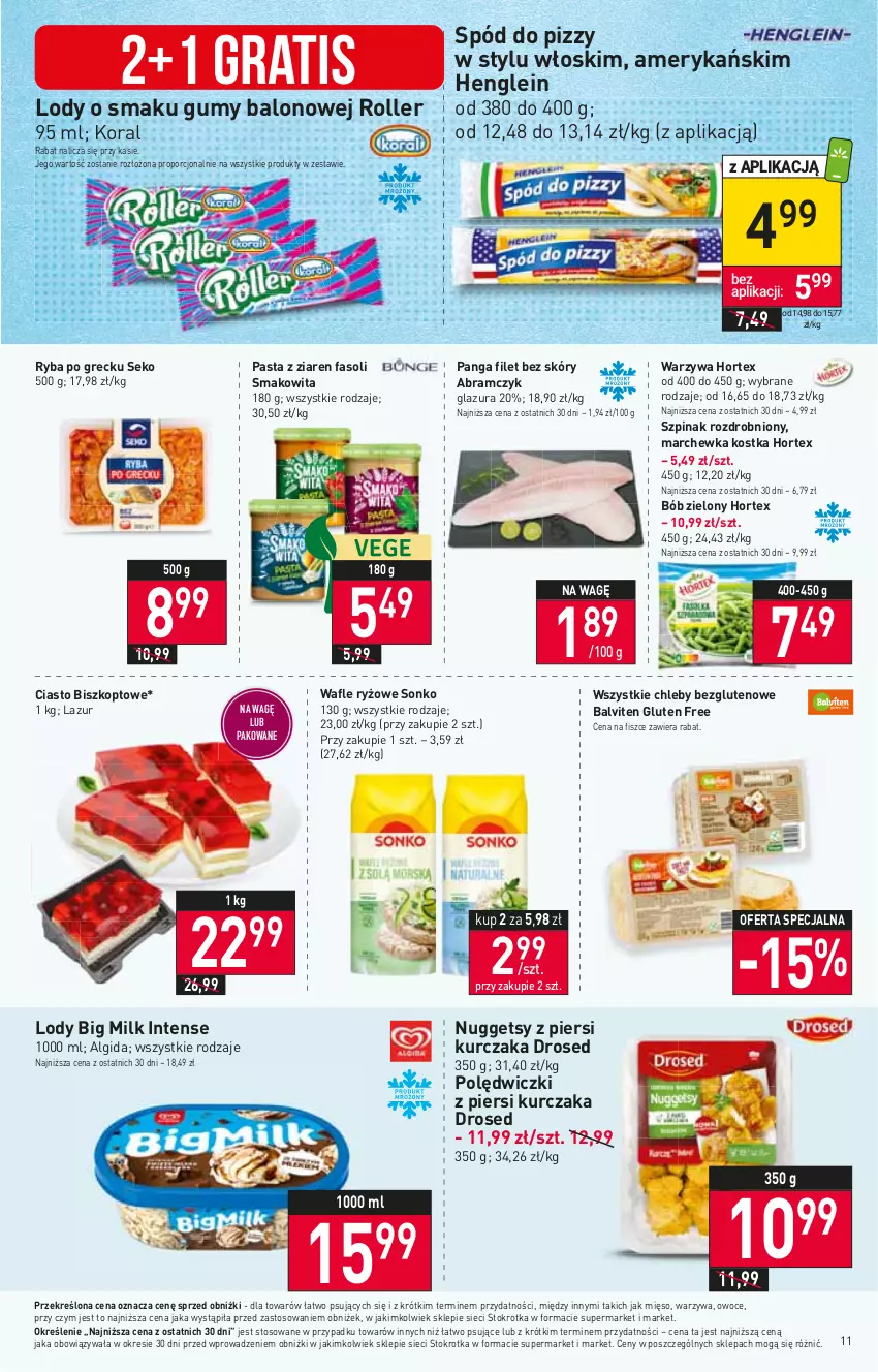 Gazetka promocyjna Stokrotka - Supermarket - ważna 15.06 do 21.06.2023 - strona 11 - produkty: Algida, Big Milk, Chleb, Fa, Glazura, Gra, Hortex, Kurczak, Lazur, LG, Lody, Marchewka, Mięso, Owoce, Panga, Por, Roller, Ryba, Ryba po grecku, Ryż, SEKO, Smakowita, Sonko, Spód do pizzy, Szpinak, Wafle, Warzywa