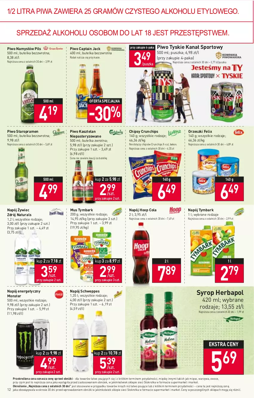 Gazetka promocyjna Stokrotka - Supermarket - ważna 15.06 do 21.06.2023 - strona 12 - produkty: Beko, Captain Jack, Chipsy, Crunchips, Felix, Gra, Herbapol, Hoop, Kasztelan, Mięso, Mus, Namysłów, Napój, Napój energetyczny, Orzeszki, Owoce, Piwa, Piwo, Por, Schweppes, Sport, Syrop, Tymbark, Tyskie, Warzywa