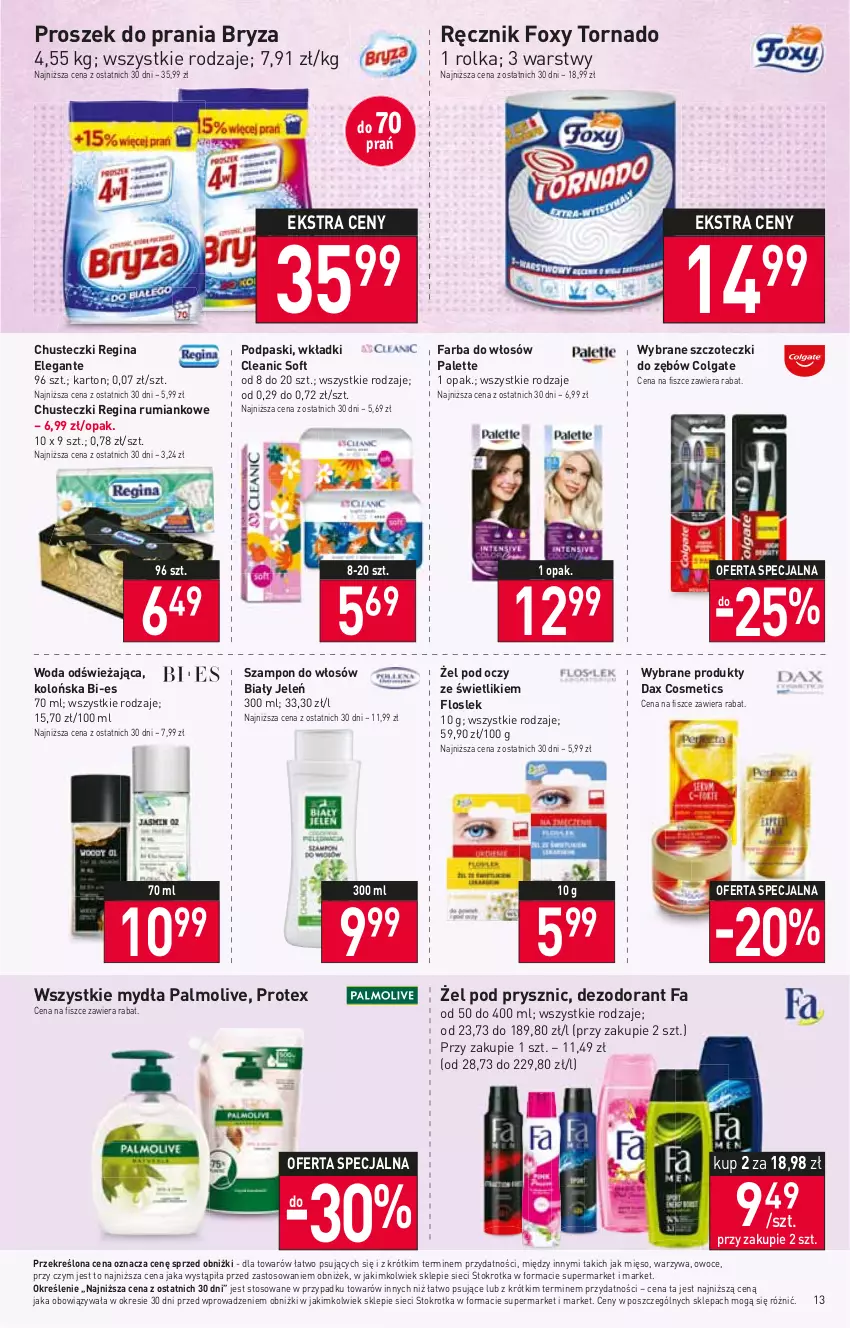 Gazetka promocyjna Stokrotka - Supermarket - ważna 15.06 do 21.06.2023 - strona 13 - produkty: Biały Jeleń, Bryza, Chusteczki, Cleanic, Colgate, DAX, Dezodorant, Fa, Farba do włosów, Foxy, Gin, LG, Mięso, Owoce, Palette, Palmolive, Podpaski, Proszek do prania, Ręcznik, Rum, Szampon, Warzywa, Wkładki, Woda