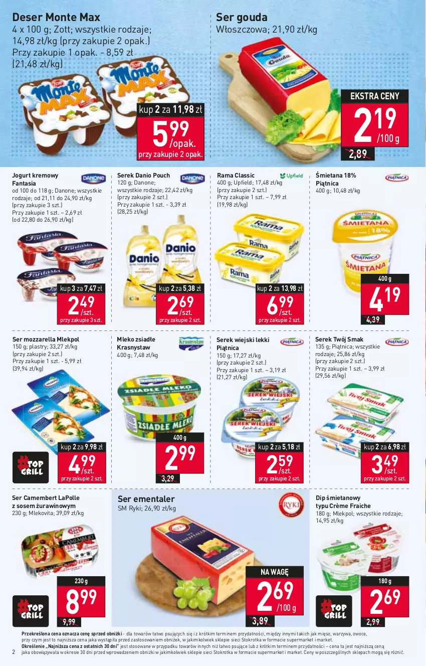 Gazetka promocyjna Stokrotka - Supermarket - ważna 15.06 do 21.06.2023 - strona 2 - produkty: Camembert, Danio, Danone, Deser, Ementaler, Fa, Fanta, Gouda, Jogurt, Mięso, Mleko, Mleko zsiadłe, Mlekovita, Monte, Mozzarella, Owoce, Piątnica, Rama, Ser, Serek, Serek wiejski, Sos, Twój Smak, Warzywa, Wino, Zott