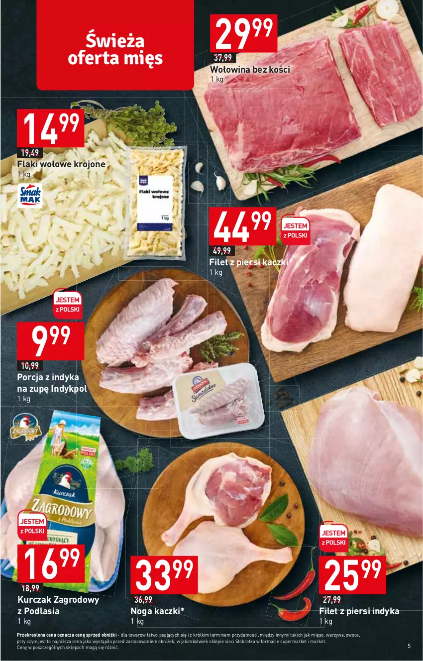 Gazetka promocyjna Stokrotka - Supermarket - ważna 15.06 do 21.06.2023 - strona 5 - produkty: Filet z piersi indyka, Filet z piersi kaczki, Flaki, Flaki wołowe, Kurczak, Mięso, Owoce, Por, Warzywa, Wołowina, Wołowina bez kości