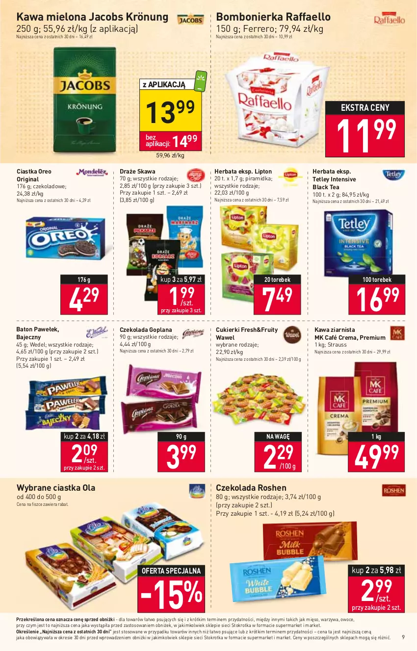 Gazetka promocyjna Stokrotka - Supermarket - ważna 15.06 do 21.06.2023 - strona 9 - produkty: Baton, Ciastka, Cukier, Cukierki, Czekolada, Fa, Ferrero, Gin, Goplana, Herbata, Jacobs, Jacobs Krönung, Kawa, Kawa mielona, Kawa ziarnista, Lack, LANA, Lipton, Mięso, Oreo, Owoce, Raffaello, Tetley, Warzywa, Wawel