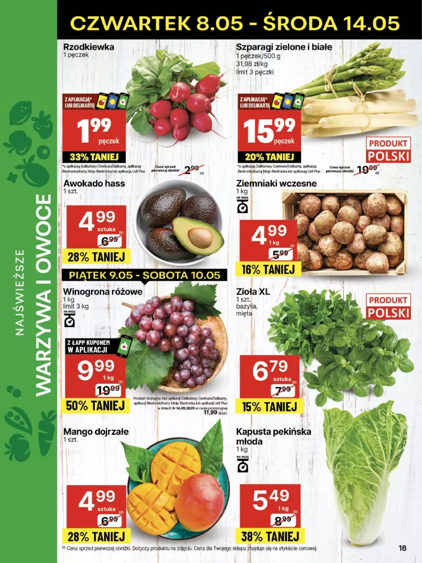 Gazetka promocyjna Delikatesy Centrum - Franczyza DC19 Czwartek - ważna 08.05 do 14.05.2025 - strona 16 - produkty: Bazyl, Bazylia, Dron, Mango, Mięta, Rum, Rzodkiewka, Sok, Wino, Winogrona, Ziemniaki