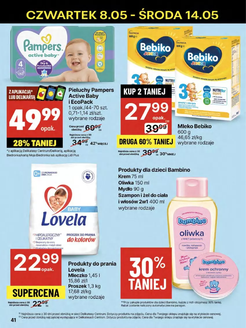 Gazetka promocyjna Delikatesy Centrum - Franczyza DC19 Czwartek - ważna 08.05 do 14.05.2025 - strona 41 - produkty: Bebiko, Dron, Dzieci, Lovela, Miecz, Mleko, Mydło, Pampers, Pieluchy, Proszek do prania, Rum, Szampon, Tusz