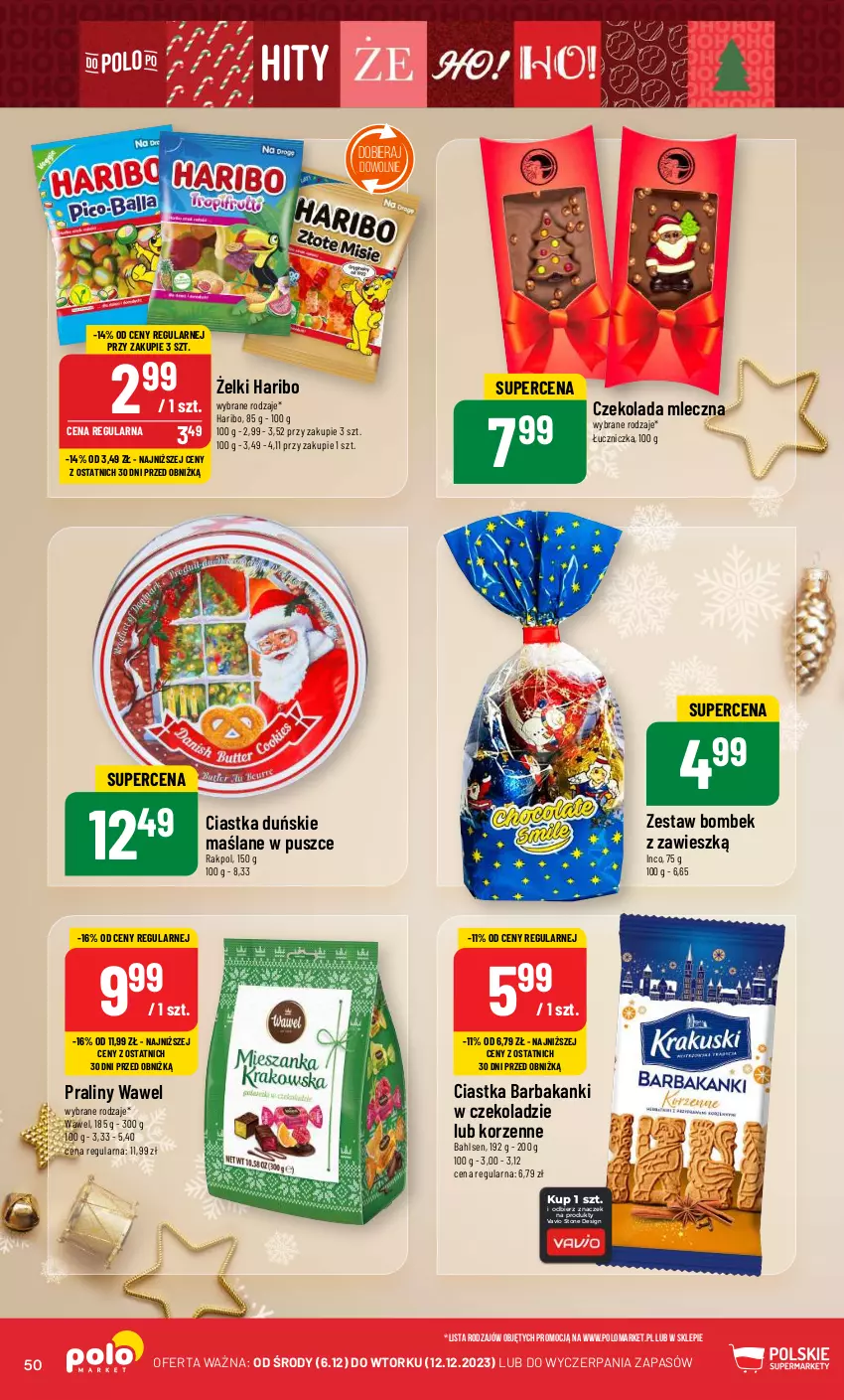 Gazetka promocyjna PoloMarket - Gazetka pomocyjna - ważna 06.12 do 12.12.2023 - strona 50 - produkty: Ciastka, Czekolada, Czekolada mleczna, Haribo, Praliny, Wawel, Zestaw bombek, Znicz