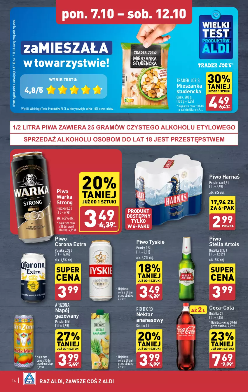 Gazetka promocyjna Aldi - Pełna oferta - ważna 07.10 do 12.10.2024 - strona 14 - produkty: Ananas, Coca-Cola, Corona Extra, Gra, Harnaś, Mieszanka studencka, Napój, Napój gazowany, Nektar, Piwa, Piwo, Tyskie, Warka