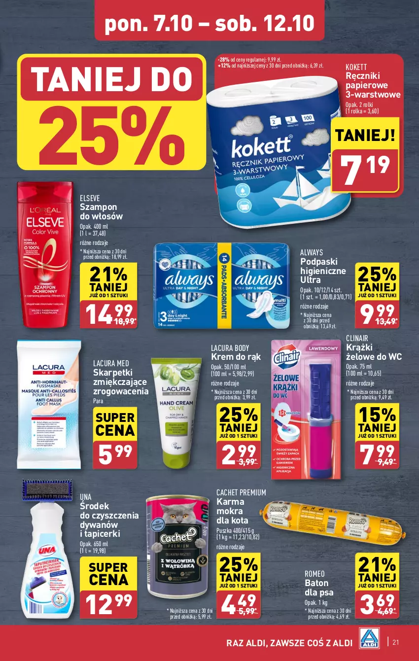 Gazetka promocyjna Aldi - Pełna oferta - ważna 07.10 do 12.10.2024 - strona 21 - produkty: Always, Baton, Baton dla psa, Body, Clin, Dywan, Elseve, Karp, Krem do rąk, Papier, Podpaski, Ręcznik, Ręczniki papierowe, Rolki, Skarpetki, Szampon