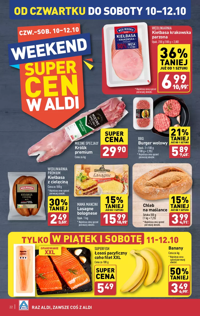 Gazetka promocyjna Aldi - Pełna oferta - ważna 07.10 do 12.10.2024 - strona 22 - produkty: Banany, Burger, Chleb, Kiełbasa, Kiełbasa krakowska, Królik, Lasagne, Lasagne bolognese, Mięsne specjały