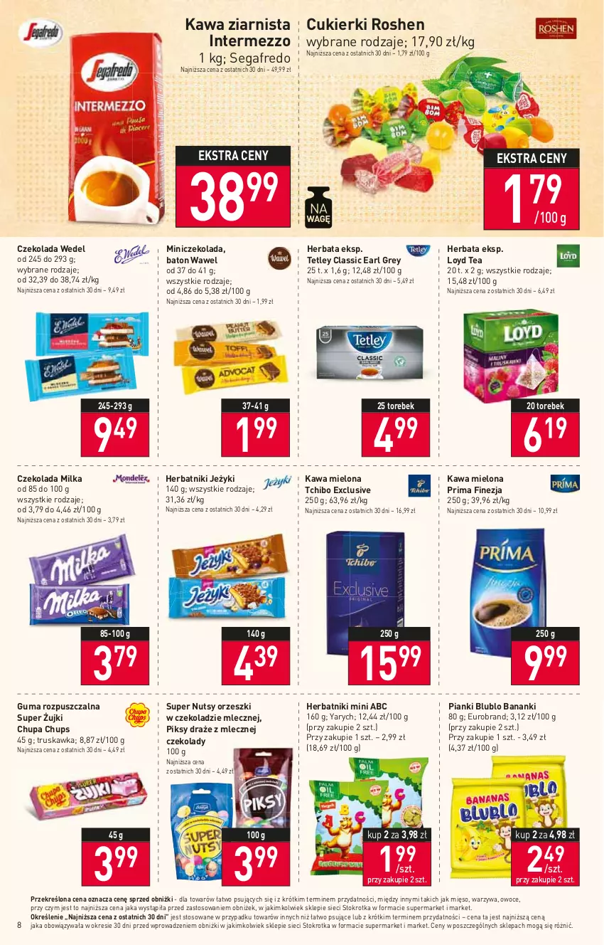 Gazetka promocyjna Stokrotka - Supermarket - ważna 10.08 do 16.08.2023 - strona 10 - produkty: Baton, Chupa Chups, Cukier, Cukierki, Czekolada, Earl Grey, Guma rozpuszczalna, Herbata, Herbatniki, Jeżyki, Kawa, Kawa mielona, Kawa ziarnista, Loyd, Mięso, Milka, Orzeszki, Owoce, Prima, Segafredo, Tchibo, Tetley, Warzywa, Wawel