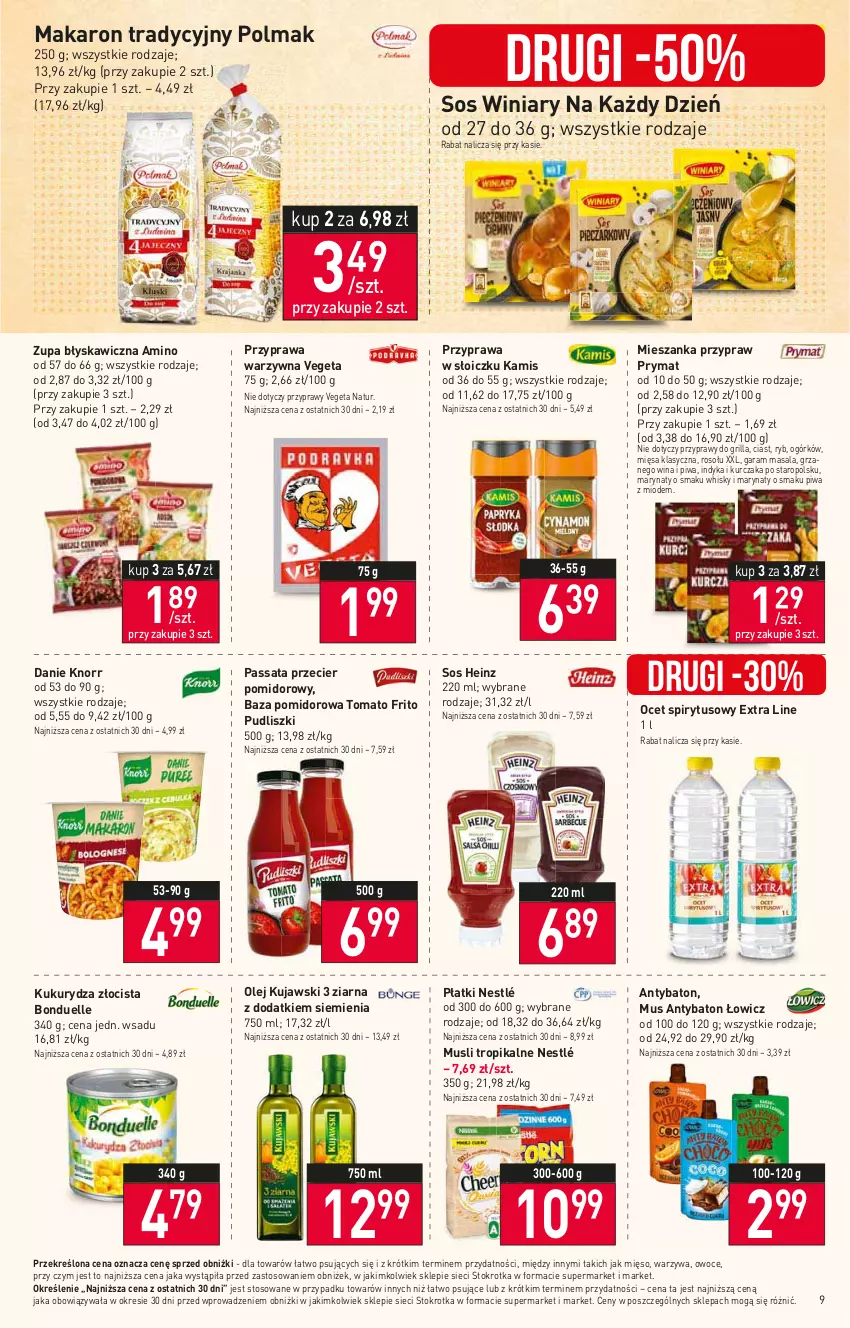 Gazetka promocyjna Stokrotka - Supermarket - ważna 10.08 do 16.08.2023 - strona 11 - produkty: Baton, Bonduelle, Grill, Heinz, Kamis, Knorr, Kujawski, Kukurydza, Kurczak, Makaron, Mięso, Mus, Nestlé, Ocet, Olej, Olma, Owoce, Piwa, Prymat, Przyprawy, Pudliszki, Sos, Vegeta, Vegeta Natur, Warzywa, Whisky, Winiary, Zupa