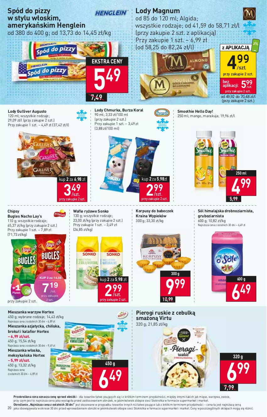 Gazetka promocyjna Stokrotka - Supermarket - ważna 10.08 do 16.08.2023 - strona 21 - produkty: Algida, Chipsy, Hortex, Kalafior, Korpusy, Lay’s, LG, Lody, Mango, Mięso, Mieszanka warzyw, Owoce, Pierogi, Ryż, Smoothie, Sól, Sól himalajska, Sonko, Spód do pizzy, Virtu, Wafle, Warzywa