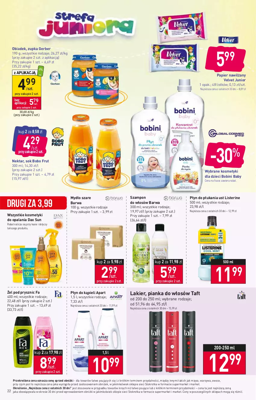 Gazetka promocyjna Stokrotka - Supermarket - ważna 10.08 do 16.08.2023 - strona 23 - produkty: DAX, Dzieci, Fa, Gerber, Kosmetyki dla dzieci, Lakier, Listerine, Mięso, Mydło, Nektar, Owoce, Papier, Pianka do włosów, Płyn do kąpieli, Płyn do płukania, Sok, Szampon, Taft, Velvet, Warzywa