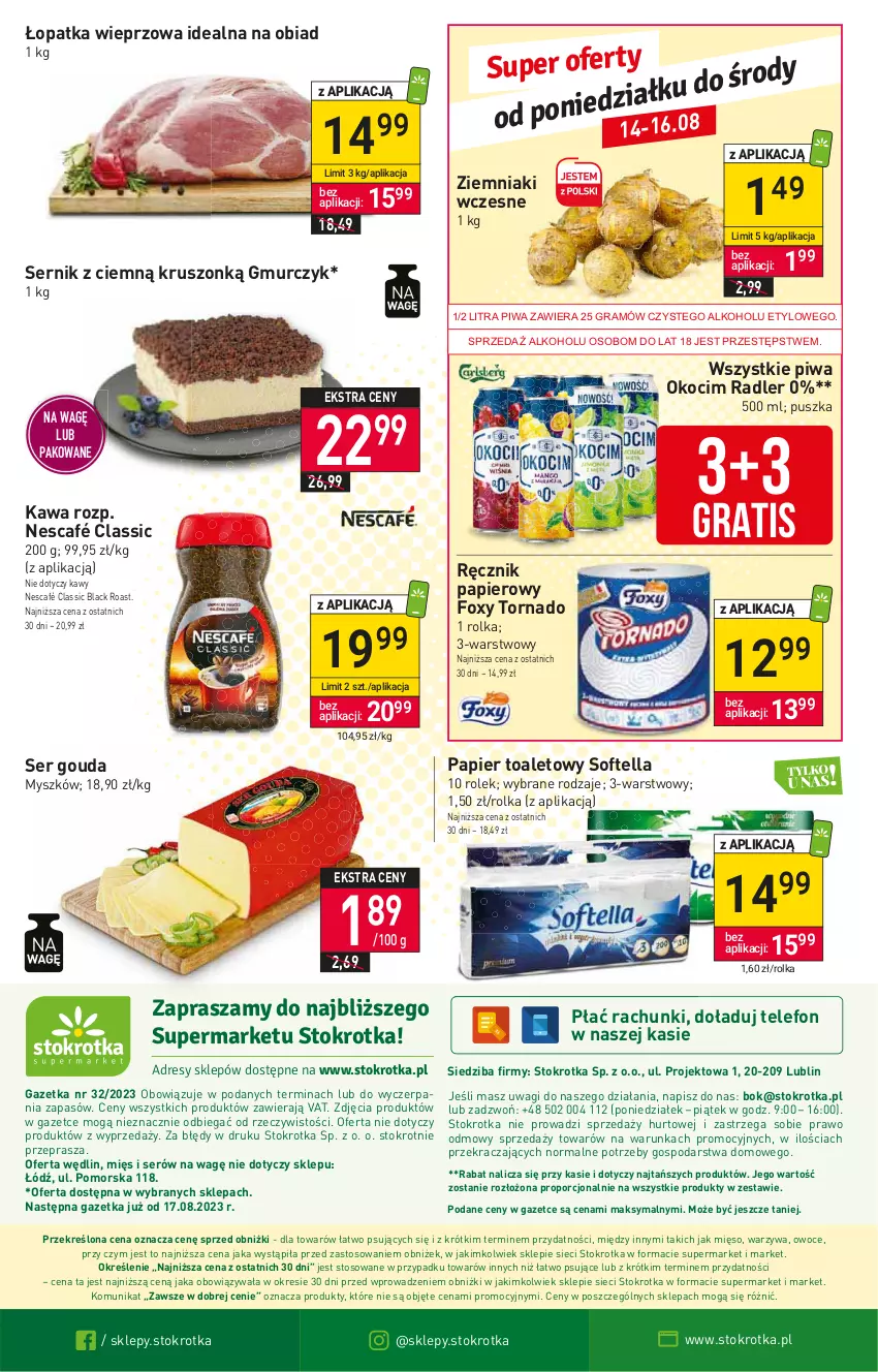 Gazetka promocyjna Stokrotka - Supermarket - ważna 10.08 do 16.08.2023 - strona 25 - produkty: Foxy, Gouda, Gra, Kawa, Koc, Lack, Mięso, Mysz, Nescafé, O nas, Okocim, Owoce, Papier, Papier toaletowy, Piwa, Por, Radler, Ręcznik, Ser, Telefon, Wagi, Warzywa, Ziemniaki