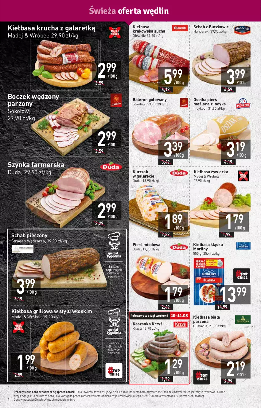 Gazetka promocyjna Stokrotka - Supermarket - ważna 10.08 do 16.08.2023 - strona 4 - produkty: Boczek, Duda, Fa, Gala, Grill, HP, Kasza, Kaszanka, Kiełbasa, Kiełbasa biała, Kiełbasa krakowska, Kiełbasa krucha, Kiełbasa śląska, Kurczak, LANA, Mięso, Morliny, Olewnik, Owoce, Piec, Schab pieczony, Sok, Sokołów, Szynka, Szynka farmerska, Warzywa