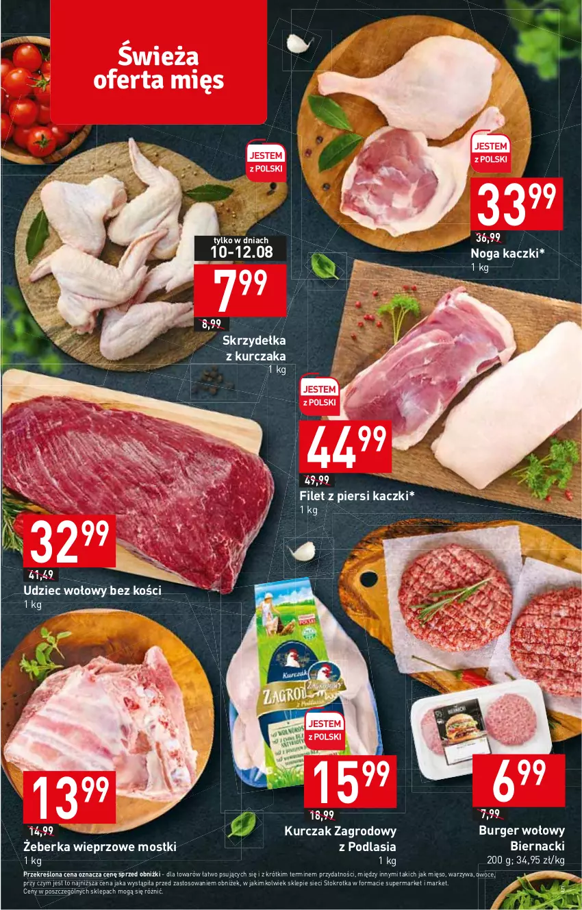 Gazetka promocyjna Stokrotka - Supermarket - ważna 10.08 do 16.08.2023 - strona 5 - produkty: Burger, Filet z piersi kaczki, Kurczak, Mięso, Owoce, Skrzydełka z kurczaka, Udziec wołowy, Warzywa