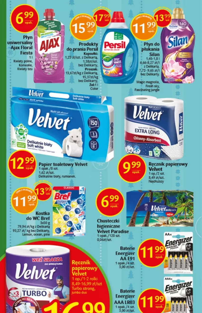 Gazetka promocyjna Delikatesy Centrum - Gazetka świąteczna DC49/50 - ważna 15.12 do 31.12.2022 - strona 34 - produkty: Ajax, Chusteczki, Energizer, Fa, Flora, Papier, Papier toaletowy, Ręcznik, Rum, Silan, Velvet