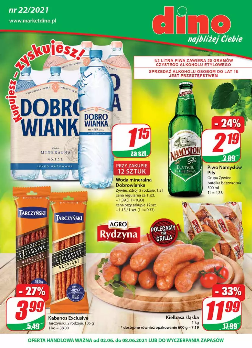 Gazetka promocyjna Dino - Gazetka - ważna 02.06 do 08.06.2021 - strona 1 - produkty: Dobrowianka, Kabanos, Kiełbasa, Kiełbasa śląska, Namysłów, Piwo, Tarczyński, Woda, Woda mineralna