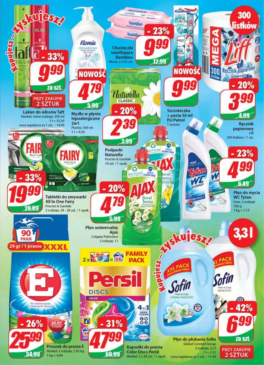 Gazetka promocyjna Dino - Gazetka - ważna 02.06 do 08.06.2021 - strona 19 - produkty: Ajax, Chusteczki, Colgate, Fa, Fairy, Gra, Kapsułki do prania, Lakier, Lakier do włosów, LG, Naturell, Naturella, Nivea, Palmolive, Papier, Persil, Płyn do mycia, Płyn do płukania, Podpaski, Proszek do prania, Psi Patrol, Ręcznik, Szczoteczka, Tablet, Tabletki do zmywarki, Taft, Tytan, Zmywarki