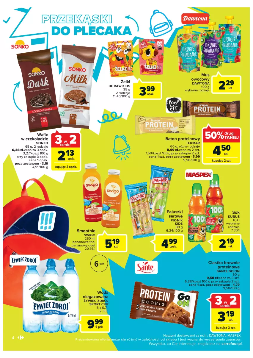 Gazetka promocyjna Carrefour - Gazetka Market Inowrocław - ważna 16.08 do 28.08.2022 - strona 4 - produkty: Baton, Brownie, Dawtona, Kosz, Kubuś, Por, Sante, Ser, Smoothie, Sok, Sonko, Sport, Wafle, Woda, Woda niegazowana