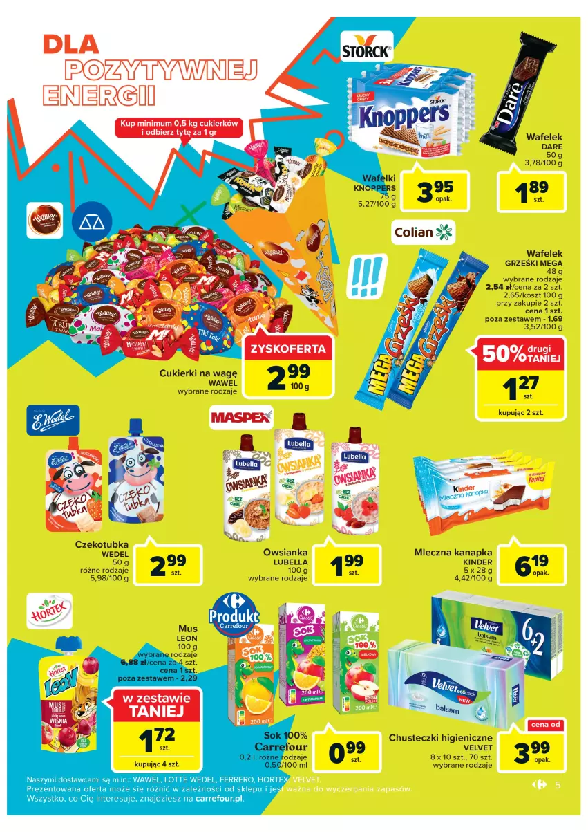 Gazetka promocyjna Carrefour - Gazetka Market Inowrocław - ważna 16.08 do 28.08.2022 - strona 5 - produkty: Bell, Bella, Chusteczki, Cukier, Cukierki, Ferrero, Grześki, Kinder, Kosz, Leon, Lubella, Mleczna kanapka, Mus, Owsianka, Velvet, Wafelek, Wawel