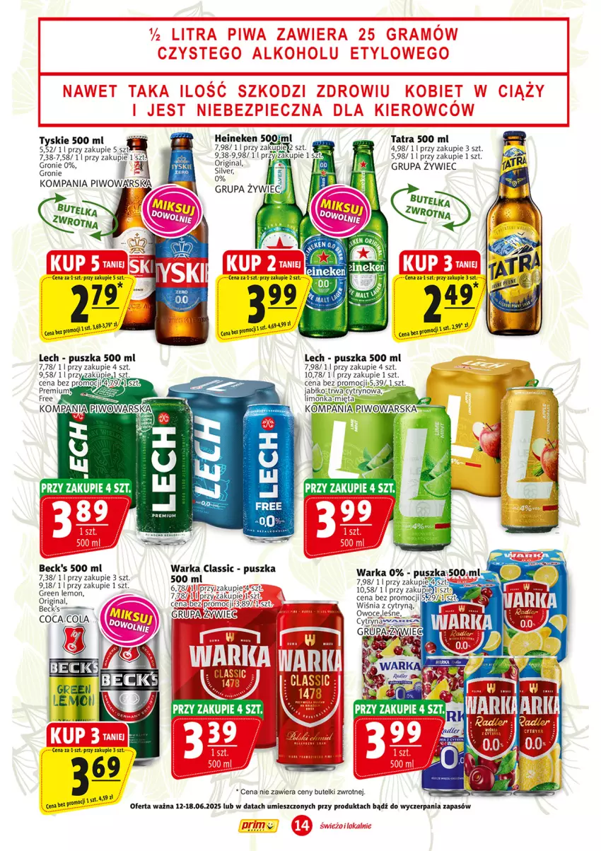 Gazetka promocyjna Prim Market - ważna 12.06 do 18.06.2025 - strona 14 - produkty: Gin, Heineken, Limonka, Mięta, Piwo, Tatra, Tyskie, Warka